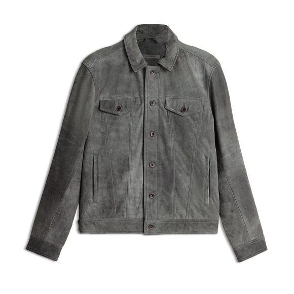 John Varvatos Men's Andrew Trucker Jacket Distressed Sheepskin Leather Seal Grey - Picture 6 of 8